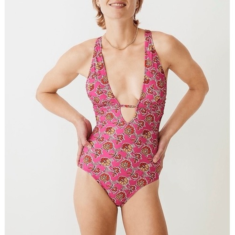 J Crew Halter One Piece Swimsuit Size 10 Pink floral Paisley Plunge Cutout
